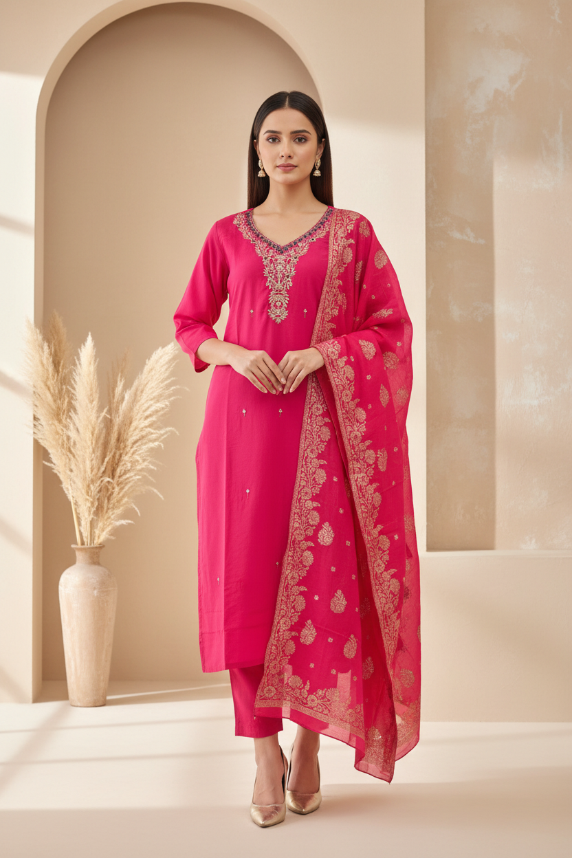 Shahi – Rani Zariya Chanderi Kurta Set (YC5IIG- pink)