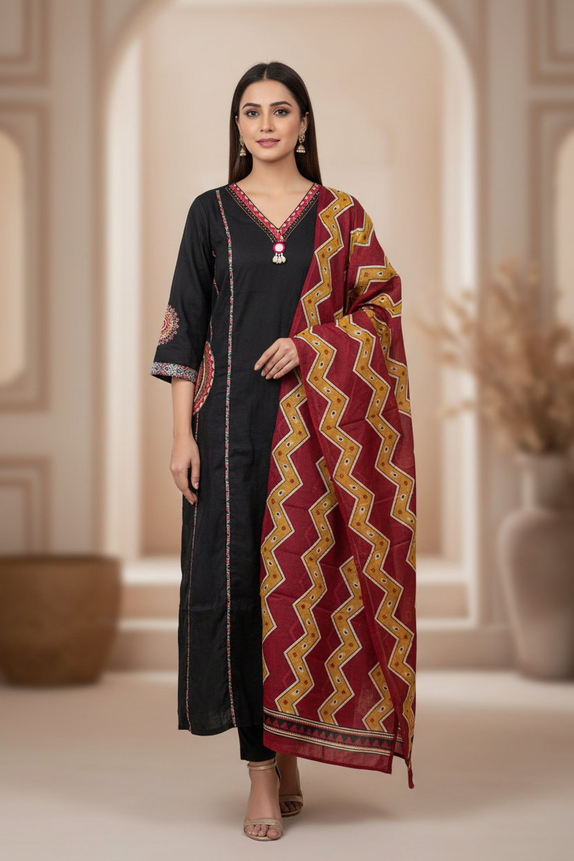 Saheli- Midnight black cotton set- (DL3IQQ)