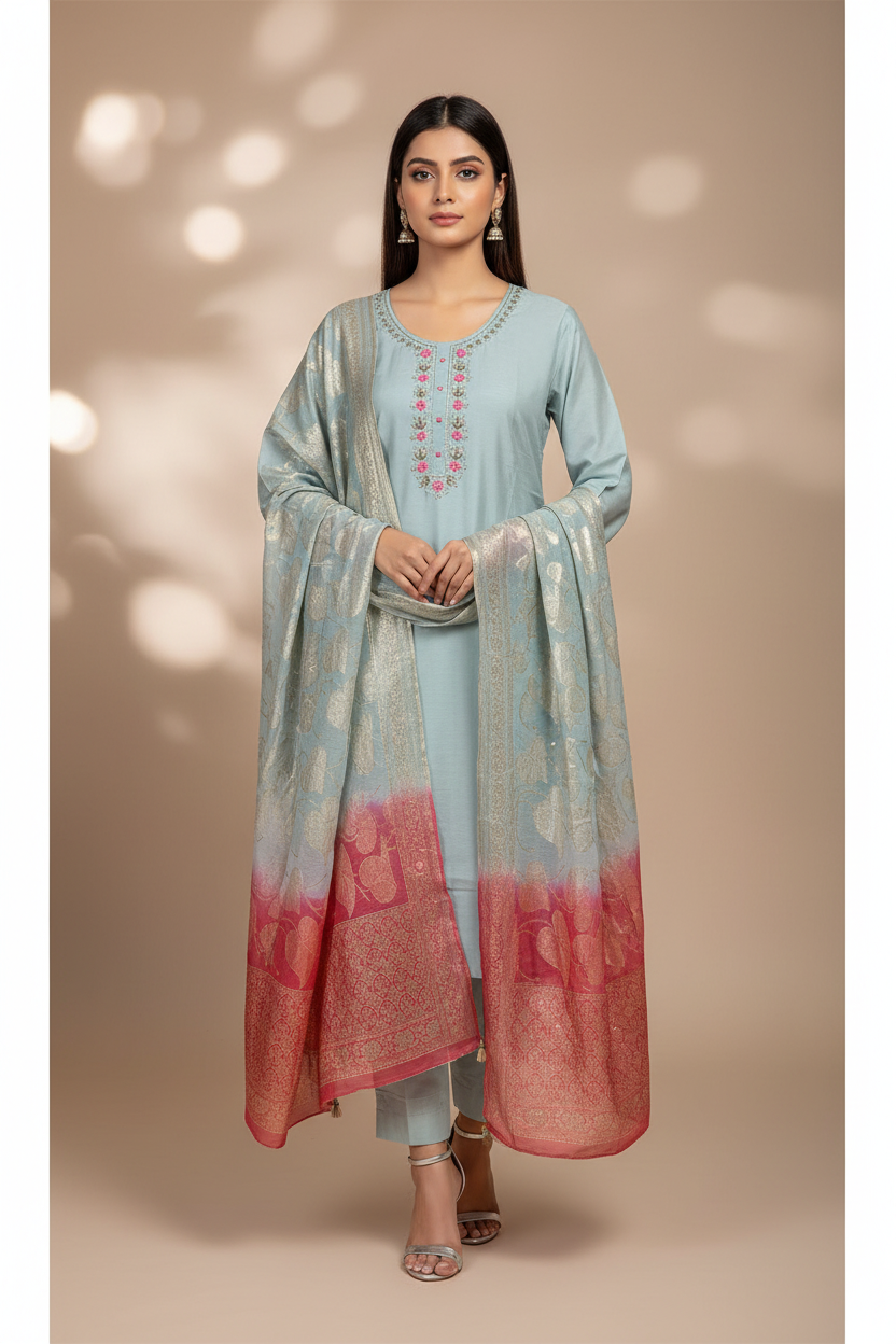 Noor – Chanderi Grace Kurta Set with Banarasi Dupatta(AZWQEA1)