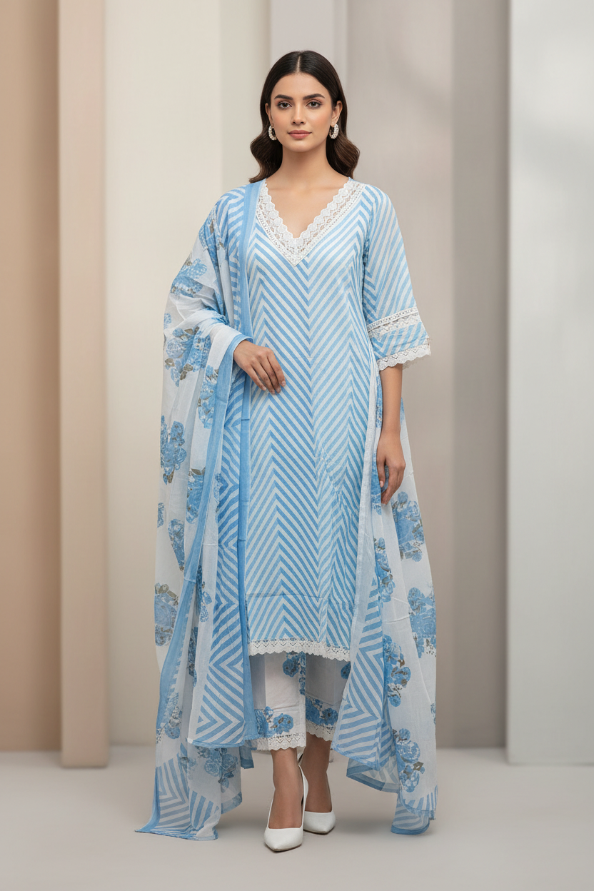 Saheli-Black Cotton Kurta Set (DL2UUI-BLUE)