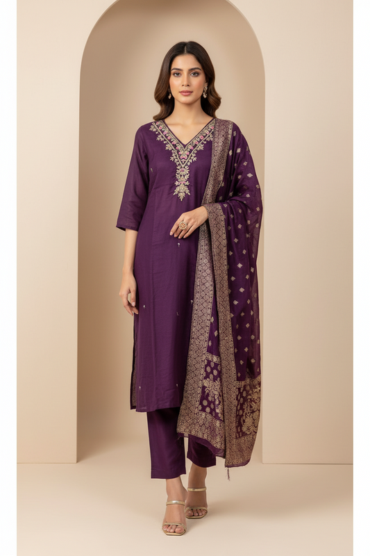 Noor – Purple Mulchanderi Kurta Set with Banarasi Dupatta (YC5IIG- Purple)
