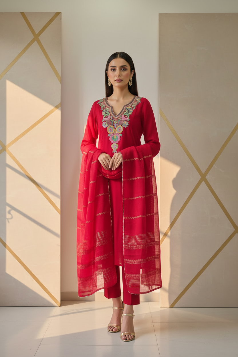 Shahi – Gulnaar Red Embroidered Kurta Set (AZ3WEHA)