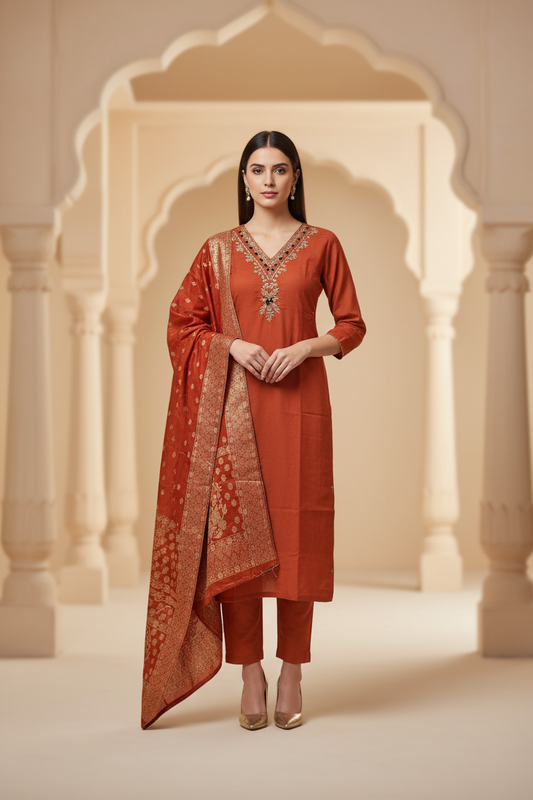 Shahi – Rust Orange Chanderi Kurta Set (YC12IIG)