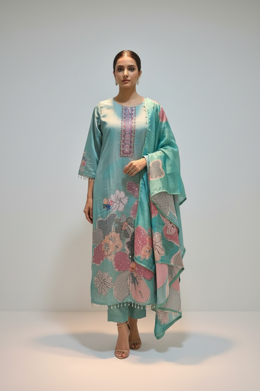 Noor- Mint Green Crepe Kurta Set (YC10RIG)