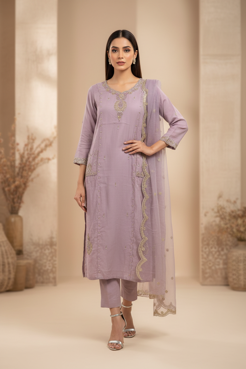 Noor – Lilac Shimmer Kurta Set with Organza Dupatta (YC6WEIG)