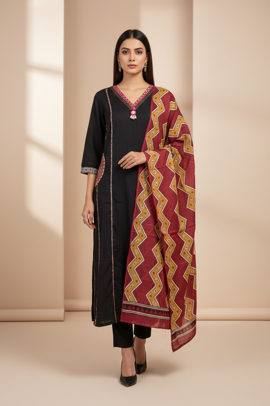 Saheli- Midnight black cotton set- (DL3IQQ)