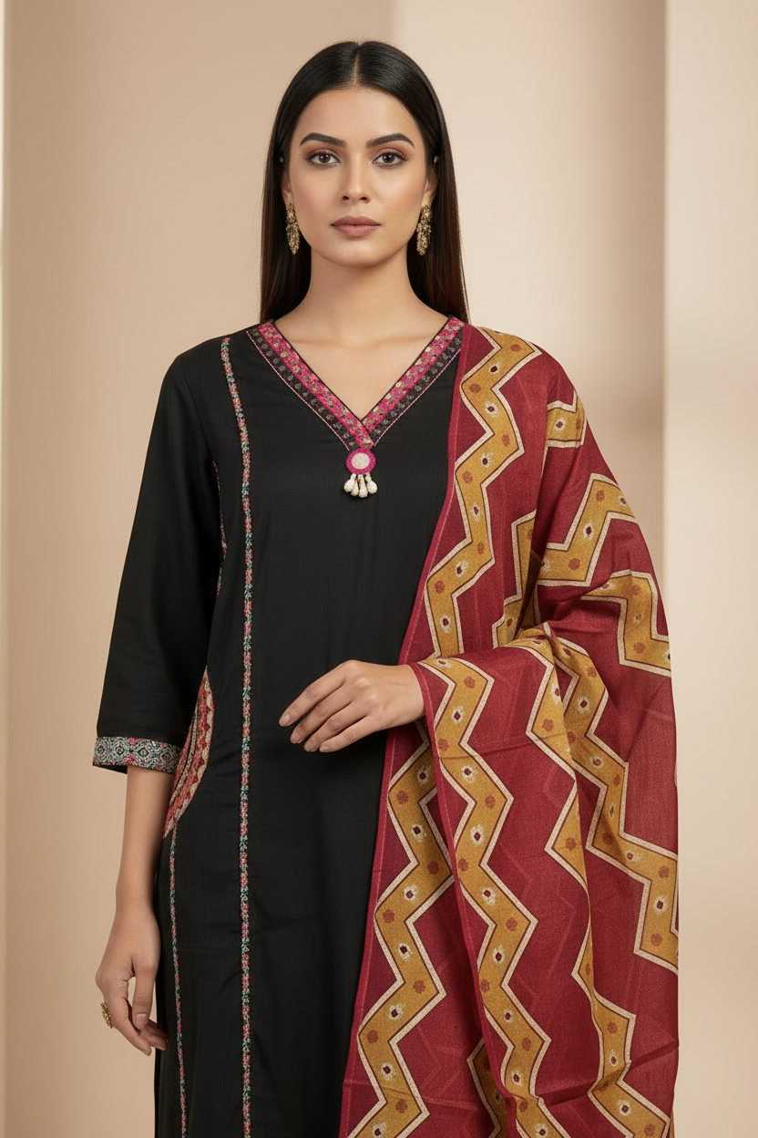 Saheli- Midnight black cotton set- (DL3IQQ)