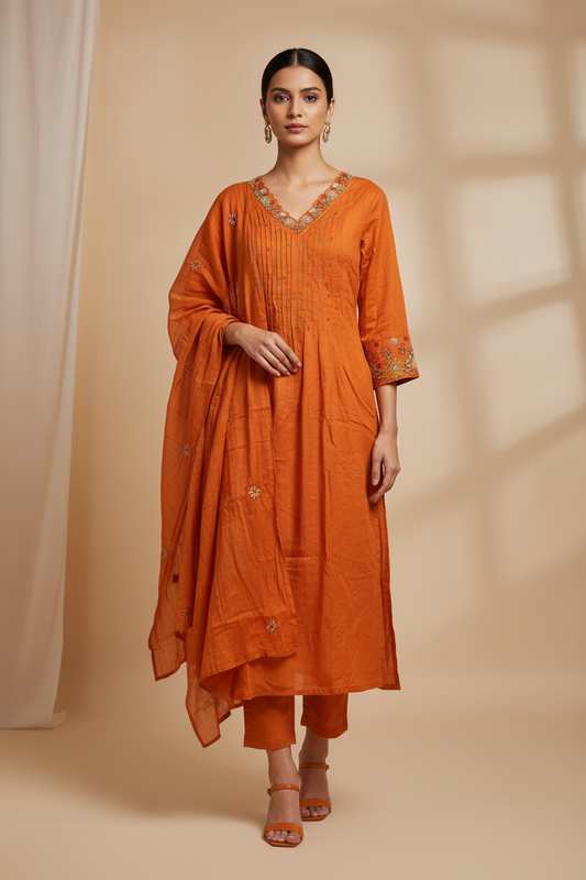 Orange Cotton Anarkali Kurta Set