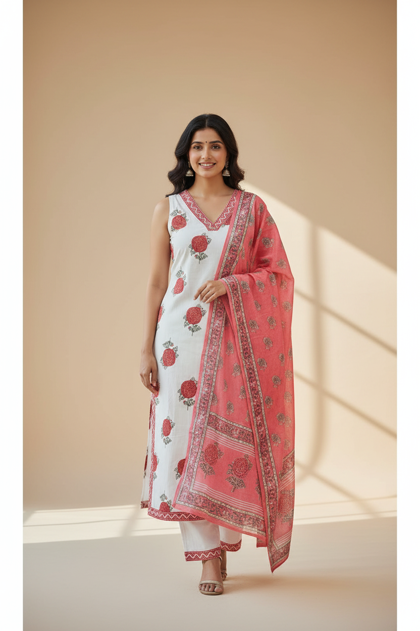 Mul Cotton Red white kurta set