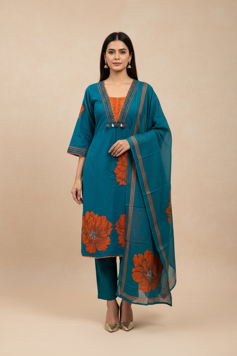 Teal Blue with Rust Floral Print kurta set