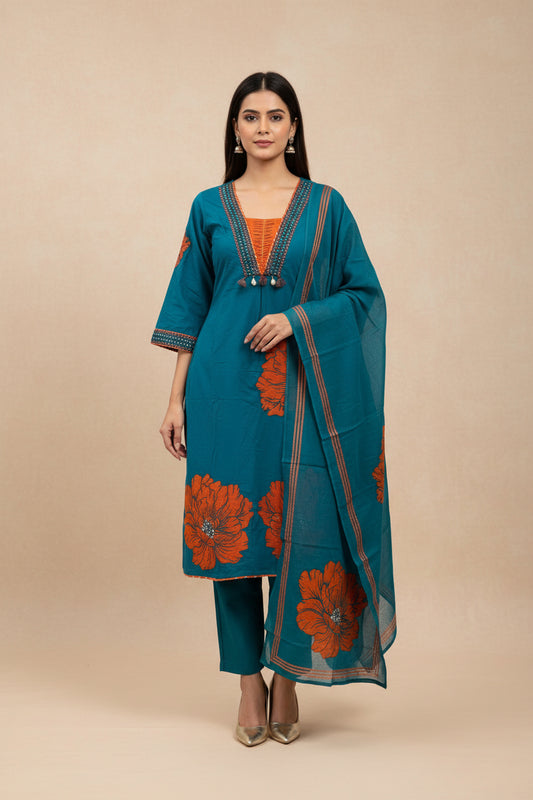 Teal Blue with Rust Floral Print kurta set