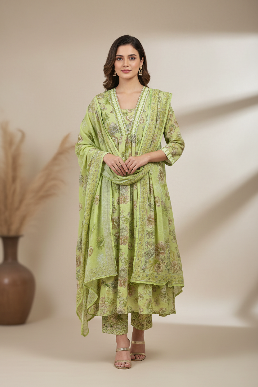 Lime Green Anarkali Cotton Set