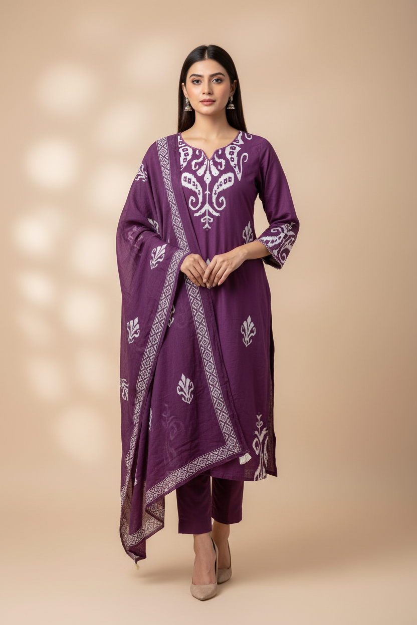 Magenta Ikkat Cotton Kurta Set